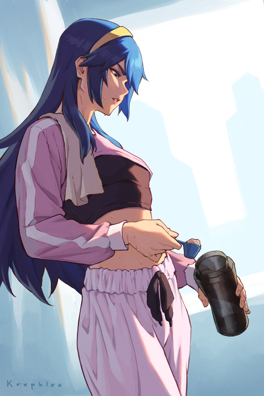 1girl artist_name blue_eyes blue_hair fire_emblem fire_emblem_awakening highres holding_thermos long_hair lucina_(fire_emblem) midriff nintendo pants phrecklesart pink_pants pink_track_suit solo thermos track_suit upper_body