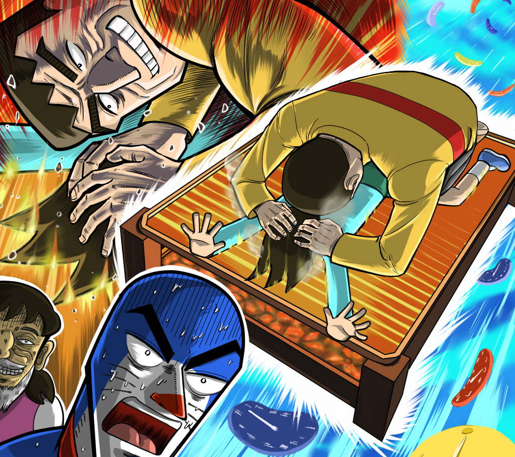 1girl 2boys child clock coal dogeza doraemon doraemon_(character) gouda_takeshi grill grin honekawa_suneo hyoudou_kazutaka itou_kaiji kaiji long_nose male_focus minamoto_shizuka moljib multiple_boys neck_bell old old_man open_mouth parody pointy_nose smile surprised tonegawa_yukio whiskers yaki-dogeza |_|_|