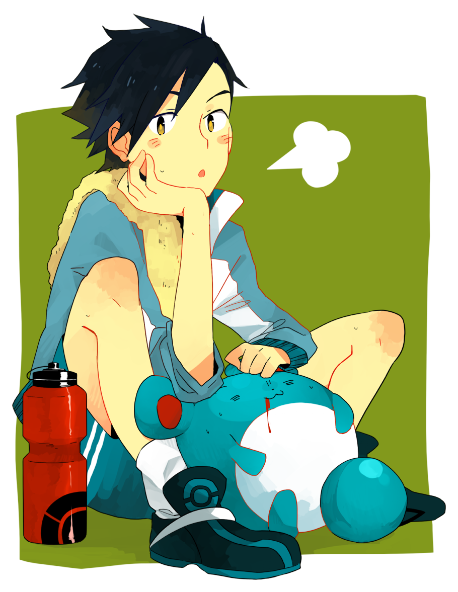 00s 1990s_(style) 1boy alternate_costume bad_id bad_pixiv_id black_hair bleeding blood bottle ethan_(pokemon) exhausted gen_2_pokemon green_background marill nintendo pokemon pokemon_(creature) pokemon_gsc pokemon_hgss retro_artstyle sanigo sitting yellow_eyes