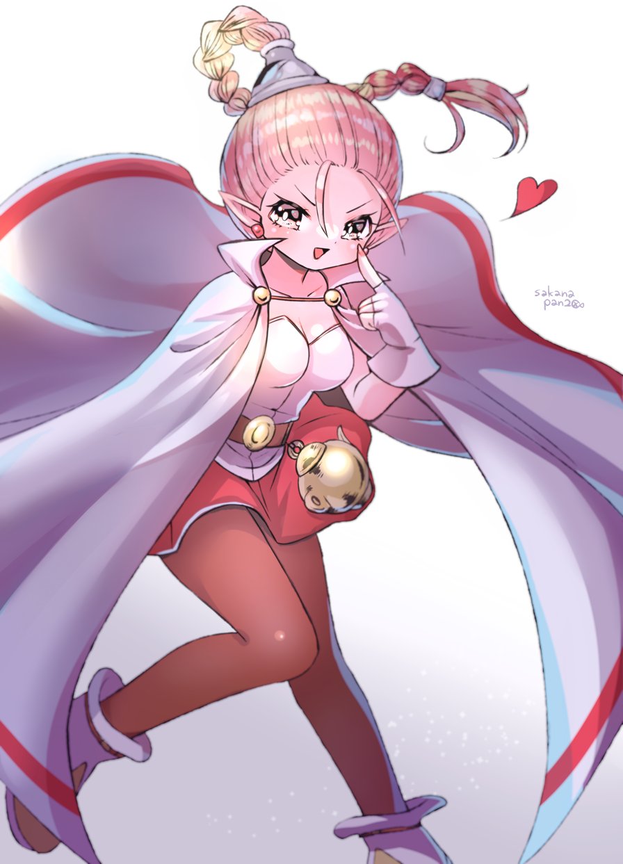 1boy braid cape chrono_trigger earrings flea_(chrono_trigger) gloves highres jewelry long_hair looking_at_viewer male_focus male_with_breasts nail_polish open_mouth pantyhose pink_hair pointy_ears sakanapan simple_background single_braid smile solo trap white_background