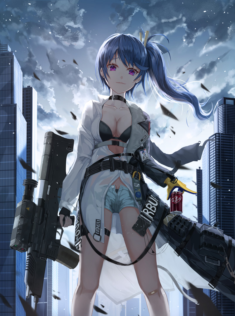 1girl airburst_grenade_launcher assault_rifle asymmetrical_gloves bad_id bad_pixiv_id bandage_on_knee bare_legs black_bra black_choker black_panties blue_hair blue_shorts bolt-action_grenade_launcher bolt_action bra breasts building bullpup burst_fire_gun burst_fire_rifle can carbine choker cleavage cloud cloudy_sky coat computerized_scope daewoo_k11 dr_pepper drink_can fall_(aki) female_focus fingerless_gloves girls&#039;_frontline gloves grenade_launcher gun hazard_symbol holding holding_can holding_weapon jacket k11_(girls&#039;_frontline) looking_at_viewer looking_down medium_breasts multi-weapon multiple-barrel_gun open_clothes open_jacket outdoors panties panty_peek precision-guided_firearm purple_eyes rifle scope short-barreled_rifle short_shorts shorts side_ponytail sight_(weapon) sky skyscraper smart_scope smile soda soda_can solo telescopic_sight thermal_weapon_sight thigh_strap underbarrel_assault_rifle underbarrel_rifle underwear uneven_gloves weapon white_coat white_jacket