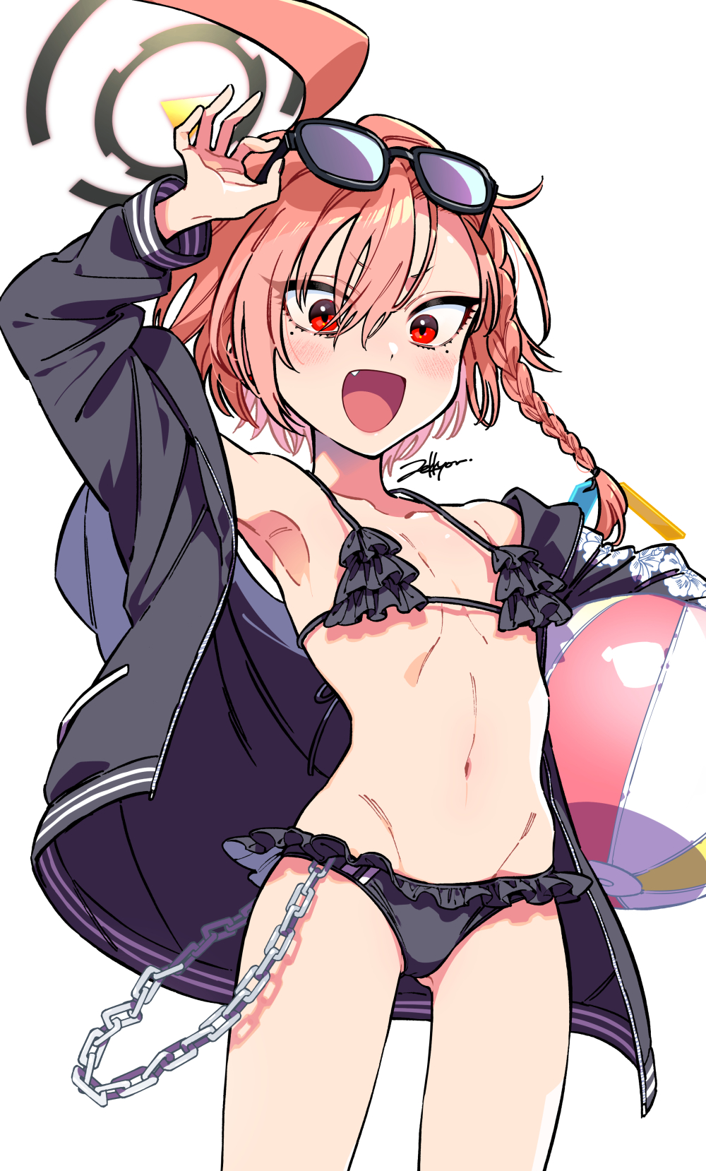 1girl :d adjusting_eyewear ahoge arm_up asymmetrical_bangs ball beachball bikini bikini_under_clothes black_bikini black_jacket blue_archive braid carrying carrying_under_arm chain commentary eyewear_on_head fang flat_chest frilled_bikini frills groin hair_between_eyes halo hand_on_eyewear highres hood hood_down hooded_jacket huge_ahoge jacket light_blush long_sleeves mole mole_under_each_eye mole_under_eye multiple_moles navel neru_(blue_archive) neru_(swimsuit)_(blue_archive) open_clothes open_jacket open_mouth orange_hair red_eyes short_eyebrows signature simple_background single_braid smile solo stomach sunglasses swimsuit v-shaped_eyebrows white_background zekkyou_(h9s9)
