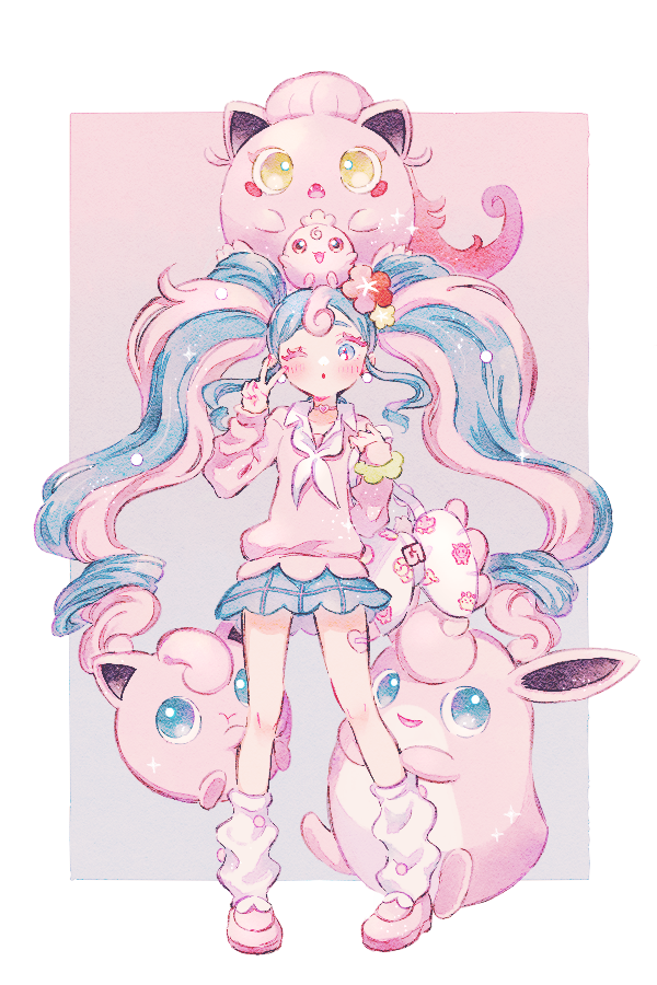 1girl :o aqua_eyes aqua_hair bag blue_skirt border collared_shirt commentary creatures_(company) earrings fairy_miku_(project_voltage) flower frilled_wristband game_freak gen_1_pokemon gen_2_pokemon gradient_background grey_background hair_flower hair_ornament hand_on_own_shoulder hatsune_miku holding holding_bag igglybuff inset_border jewelry jigglypuff long_hair looking_at_viewer loose_socks neckerchief nintendo one_eye_closed pink_background pink_flower pink_hair pink_nails pink_shoes pink_sweater plaid_clothes plaid_skirt pokemon pokemon_(creature) project_voltage ryokuno_green scream_tail shirt shoes skirt socks sweater symbol-only_commentary twintails v very_long_hair vocaloid white_bag white_border white_neckerchief white_shirt white_socks wigglytuff yellow_flower