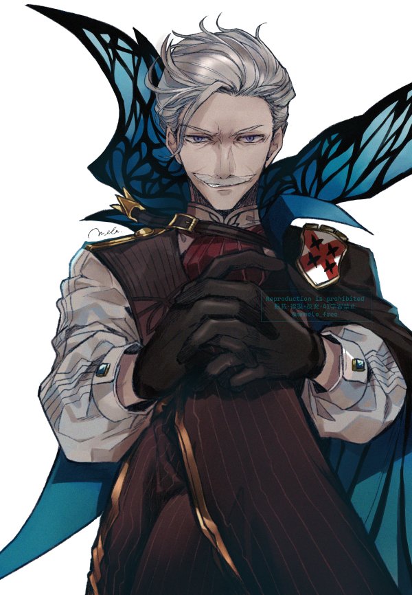 1boy ascot black_gloves blue_eyes brown_pants brown_vest commentary_request crossed_legs emblem facial_hair fate/grand_order fate_(series) gloves grey_hair grin interlocked_fingers james_moriarty_(archer)_(fate) male_focus mustache old old_man own_hands_together pants red_ascot shirt short_hair signature smile solo teeth vest white_shirt yoczkw