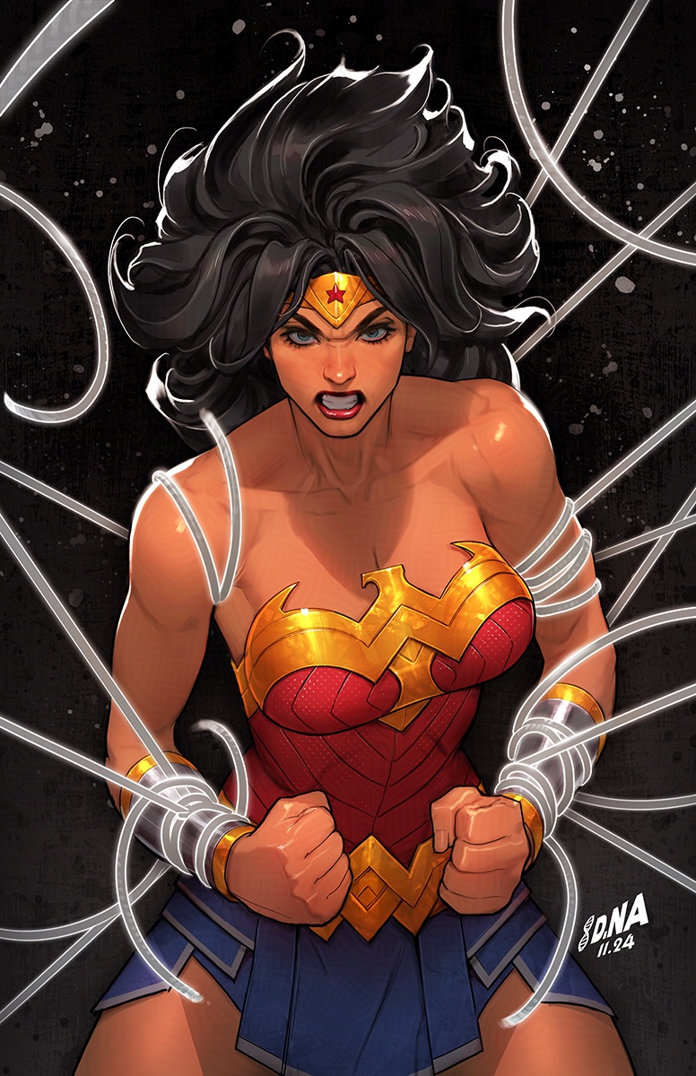 1girl bare_shoulders black_hair blue_eyes bracer breasts clenched_hands clenched_teeth dated david_nakayama dc_comics highres initial long_hair medium_breasts solo strapless teeth tiara wonder_woman wonder_woman_(series)