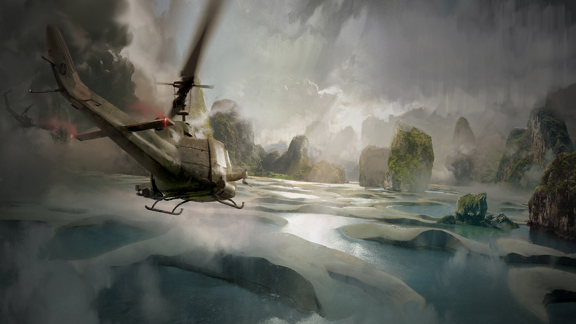 aircraft army artist_request beach bell_helicopter concept_art helicopter highres island jungle king_kong_(series) kong:_skull_island legendary_pictures military monsterverse nature ocean official_art plateau rainforest sand_dunes skull_island tree uh-1_iroquois utility_helicopter water