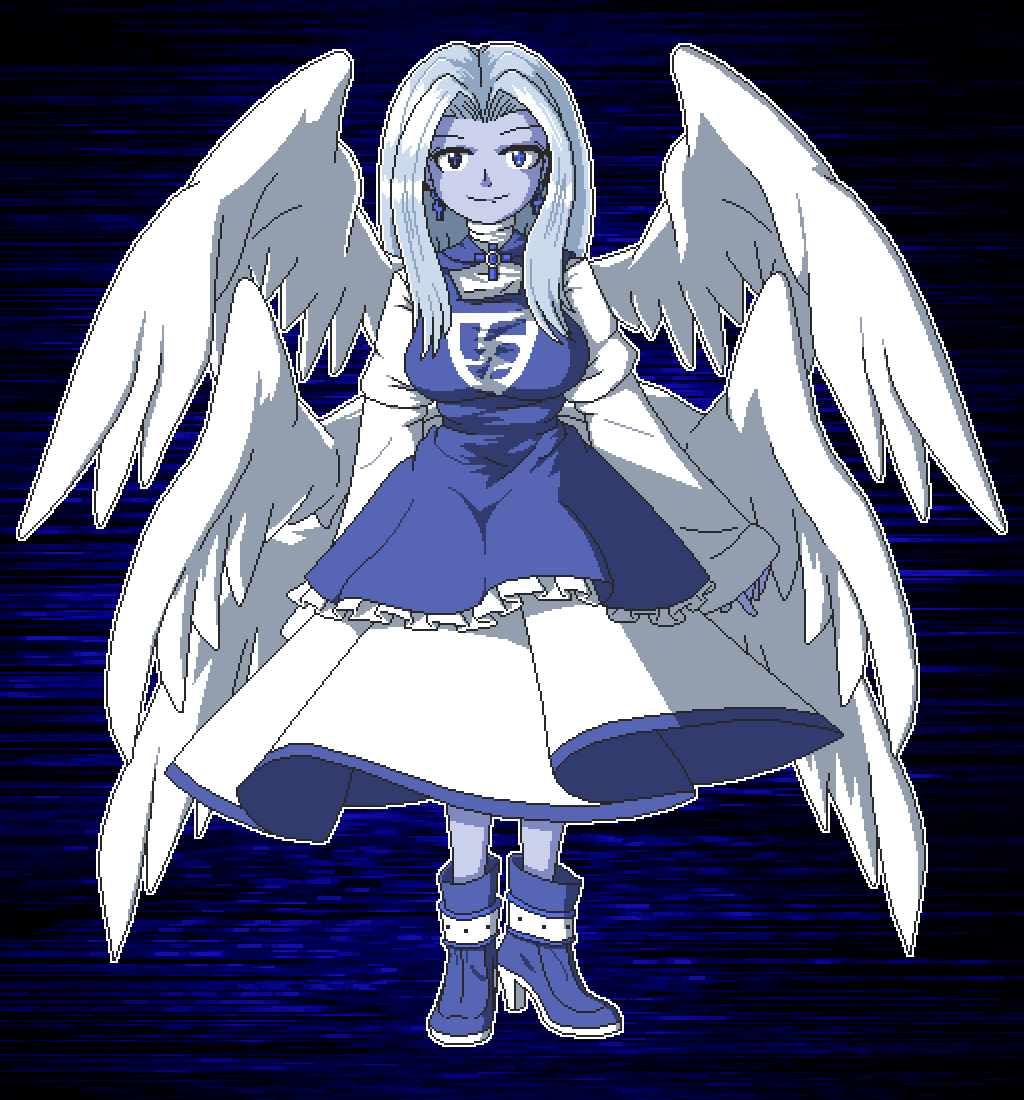 1girl adapted_costume aksawshin angel_wings blue_boots blue_eyes blue_hair blue_skin blue_tabard boots colored_skin cross cross_earrings dress earrings feathered_wings frills full_body high_heel_boots high_heels jewelry light_blue_hair long_hair long_sleeves multiple_wings pixel_art sariel_(touhou) smile solo standing tabard touhou touhou_(pc-98) white_dress white_wings wide_sleeves wings
