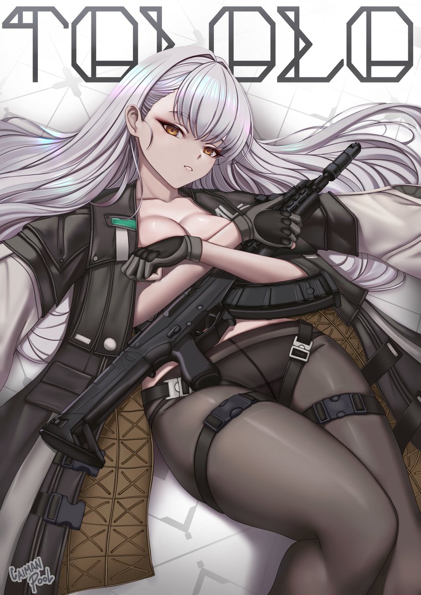 1girl ak-alfa ak-alfa_(girls&#039;_frontline) artist_name assault_rifle black_gloves black_pantyhose breasts brown_eyes caiman_pool character_name cleavage commentary english_commentary girls&#039;_frontline girls&#039;_frontline_2:_exilium gloves gun holding holding_gun holding_weapon long_hair looking_at_viewer lying on_back panties panties_under_pantyhose pantyhose parted_lips partially_fingerless_gloves rifle solo tololo_(girls&#039;_frontline_2) underwear weapon white_hair