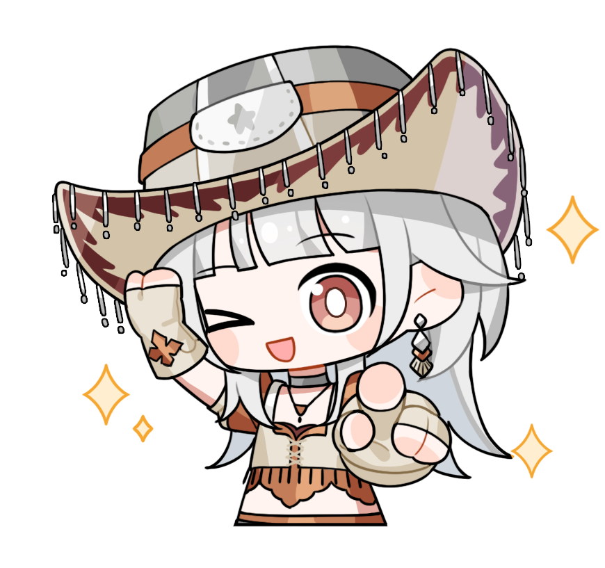&gt;_o 1girl adventure_ride_(infinity_nikki) artist_request blunt_bangs blush_stickers bright_pupils brown_eyes brown_gloves brown_hat brown_vest chibi choker cowboy_hat cowgirl_(western) cropped_legs cropped_shirt cross cross-laced_clothes cross-laced_top earrings fingerless_gloves fringe_trim gloves grey_choker grey_hat hand_on_headwear happy hat infinity_nikki jewelry long_hair midriff necklace nikki_(series) official_art one_eye_closed open_mouth orange_shirt orange_shorts pointing pointing_at_viewer puffy_short_sleeves puffy_sleeves ribbon-trimmed_headwear ribbon_trim shirt short_sleeves shorts smile solo sparkle standing star_(symbol) star_print tareme transparent_background two-sided_fabric two-sided_headwear vest white_hair white_pupils
