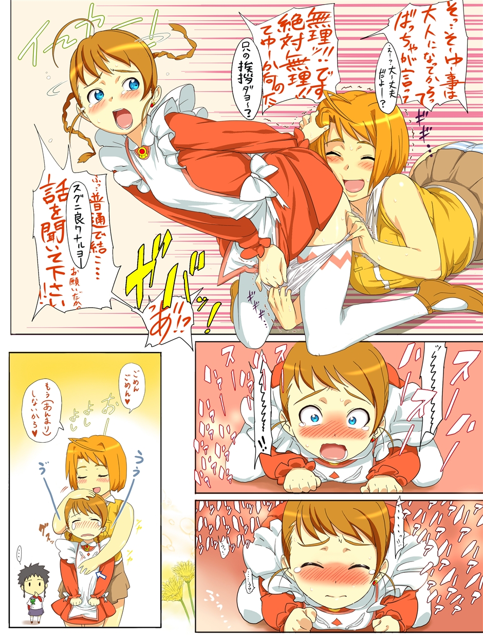 3girls ahoge all_fours arika_yumemiya arrow_(symbol) blue_eyes blush commentary_request female_focus female_pervert flower fuuka_academy_school_uniform garderobe_uniform highres koube_an minagi_mikoto multiple_girls my-hime my-otome open_mouth orange_hair panties panty_pull pervert pinky_out rape school_uniform tears thighhighs tokiha_mai translation_request underwear yuri