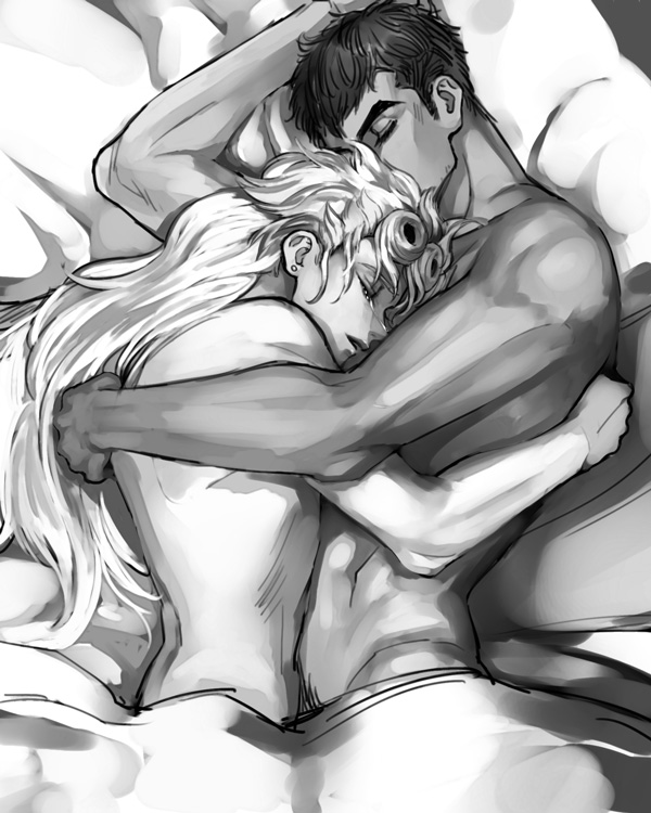 2boys bed bed_sheet closed_eyes commentary_request couple crying giorno_giovanna guido_mista hug indoors jojo_no_kimyou_na_bouken long_hair lying male_focus monochrome multiple_boys naked_sheet nude short_hair tears toned toned_male vento_aureo yaoi zakki