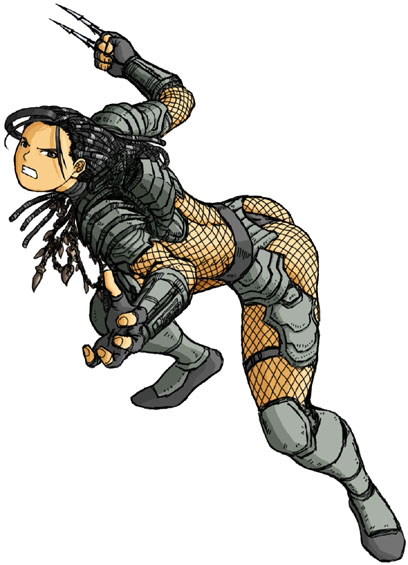 1990s_(style) 1girl alien_(series) alien_vs._predator angry arm_blade armor armored_boots asian ass bikini_armor black_hair bodystocking bone_necklace boots dreadlocks fighting_stance fingerless_gloves fishnet_bodystocking fishnets gloves jewelry knee_boots leaning_forward long_hair looking_at_viewer max_kim necklace noguchi_machiko predator_(1987) predator_(character) predator_(series) retro_artstyle science_fiction scowl shoulder_armor simple_background solo teeth thigh_armor third-party_source toned tooth_necklace vambraces weapon white_background wrist_blades