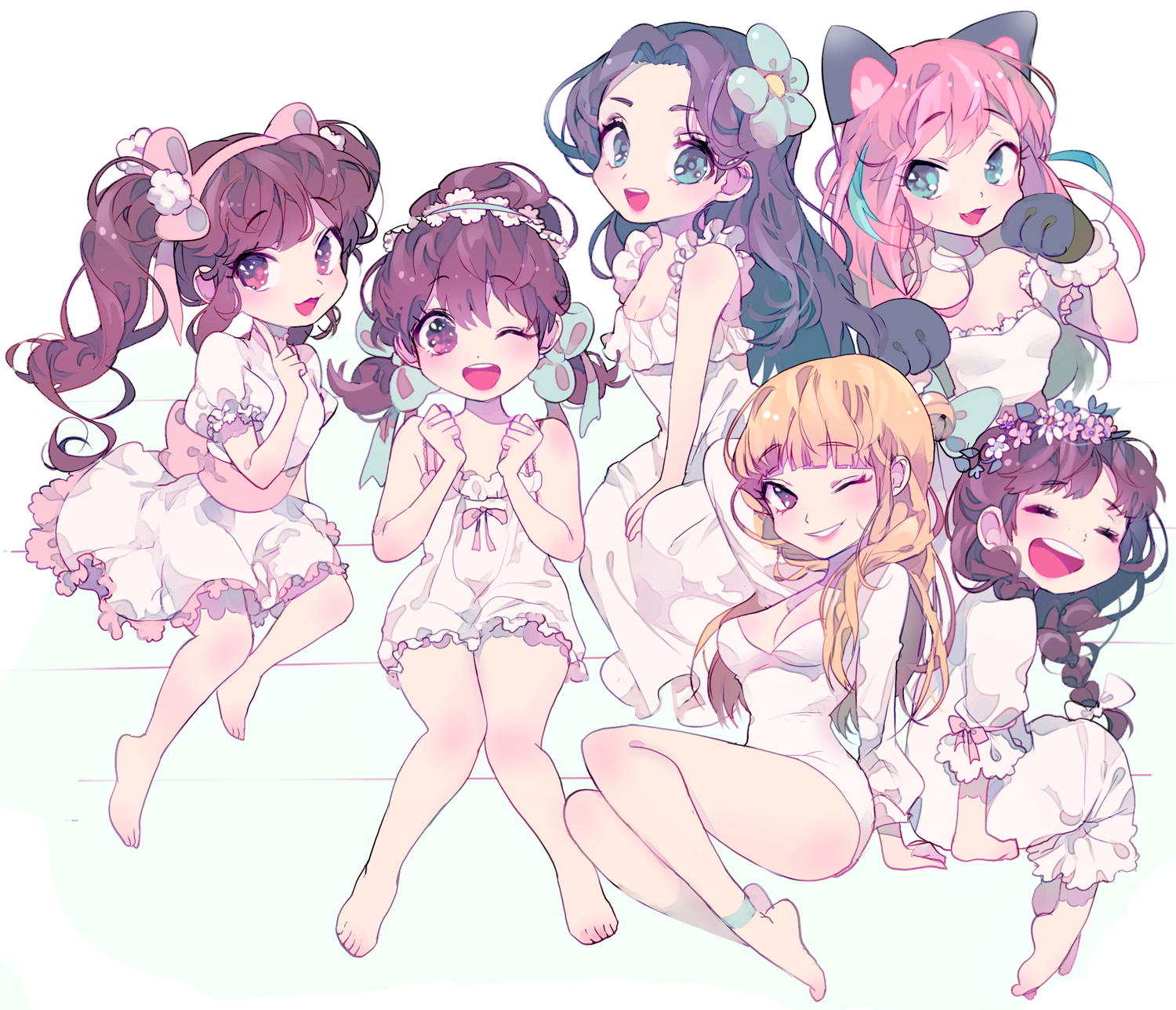 10s 5girls :3 :d ;d alternate_costume alternate_hairstyle animal_ears animal_hands ankle_cuffs aqua_eyes aqua_hair arm_behind_head armband back-to-back bare_legs barefoot black_hair blonde_hair blue_bow blue_eyes blue_flower blunt_bangs blush bow braid breasts brown_eyes brown_hair cat_ears chibimi chibita choker cleavage clenched_hands dress eyebrows fang flower flower_fairy_(osomatsu-kun) flower_girl_(osomatsu-kun) frilled_dress frilled_sleeves frills full_body genderswap genderswap_(mtf) gloves hair_bow hair_flower hair_intakes hair_ornament hair_over_shoulder hairband hashimoto_nyaa head_wreath highres index_finger_raised iyami iyayo jyushimatsu's_girlfriend knees_together_feet_apart laughing leotard long_dress long_hair long_sleeves looking_at_viewer low_twintails medium_breasts multicolored_hair multiple_girls one_eye_closed open_mouth osomatsu-kun osomatsu-san osomatsu_(series) parted_bangs paw_gloves paw_pose pink_bow pink_hair pink_ribbon pom_pom_(clothes) puffy_short_sleeves puffy_sleeves ribbon sash short_sleeves short_twintails sitting sleeveless sleeveless_dress smile streaked_hair twintails vivinos white_dress yowai_totoko
