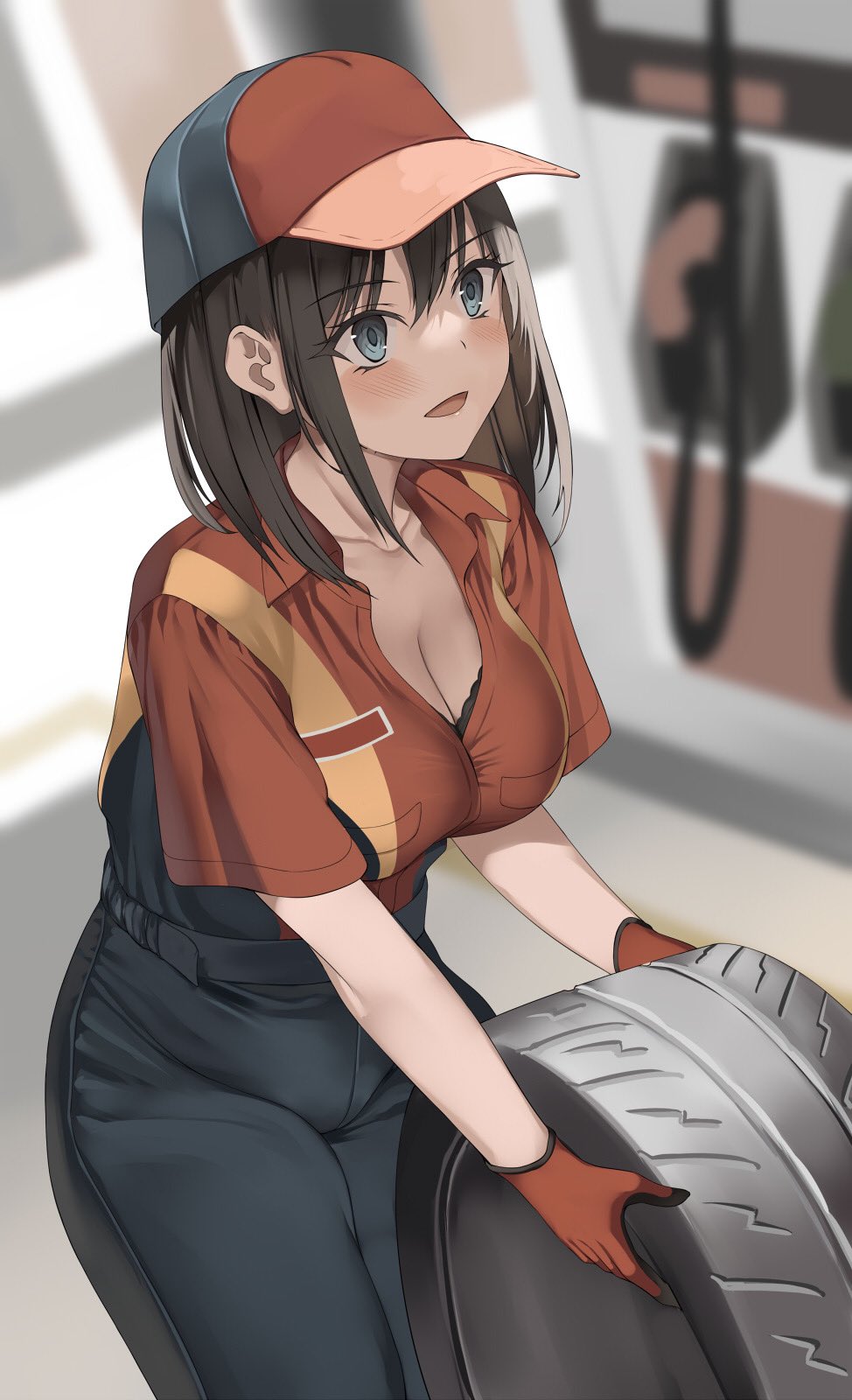 1girl belt black_bra black_gloves black_hair black_pants blue_eyes blush bra breasts cleavage gas_station gloves hair_between_eyes hat hay highres holding holding_tire kureha_(ironika) large_breasts medium_breasts open_mouth orange_gloves original pants shirt short_sleeves smile solo spare_tire underwear unused_tire