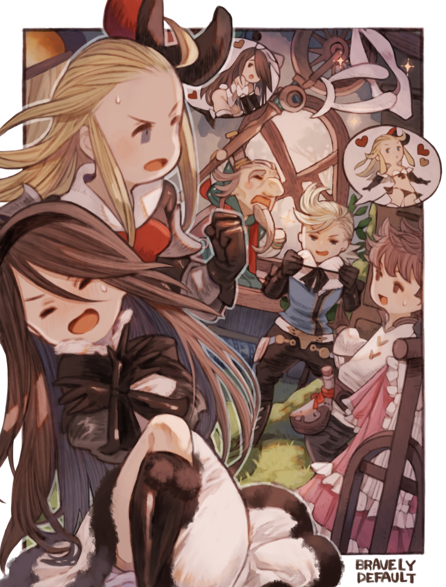 2girls 3boys agnes_oblige ahoge armor armored_dress beard bikini black_gloves black_pants blonde_hair blue_eyes blue_shirt blush bow bravely_default:_flying_fairy bravely_default_(series) brown_eyes brown_hair clenched_hand closed_eyes dress edea_lee elbow_gloves facial_hair gloves hair_bow hairband heart highres imagining irono16 long_beard long_hair looking_at_another multiple_boys multiple_girls old old_man open_mouth pants pompadour ringabel shirt smile speech_bubble standing sweatdrop swimsuit tiz_arrior yulyana