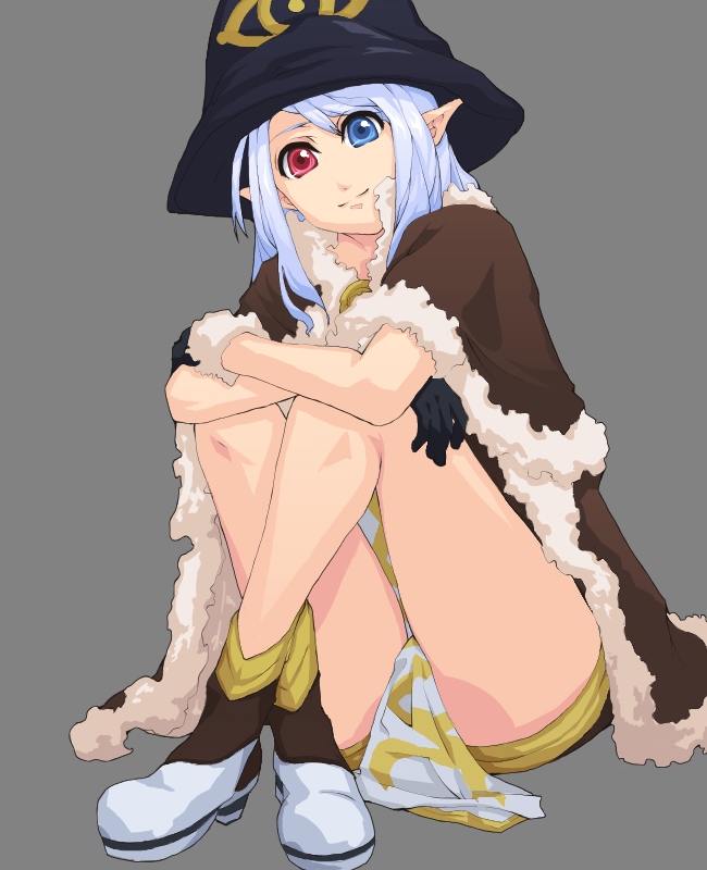 1girl black_gloves black_hat blue_eyes blue_hair boots brown_boots brown_cape cape closed_mouth commentary_request dress eye_print full_body fur-trimmed_cape fur_trim gloves grey_background hat heterochromia high_wizard_(ragnarok_online) hutene long_hair looking_at_viewer multicolored_boots pointy_ears ragnarok_online red_eyes short_dress simple_background smile solo two-tone_boots white_boots white_dress witch_hat