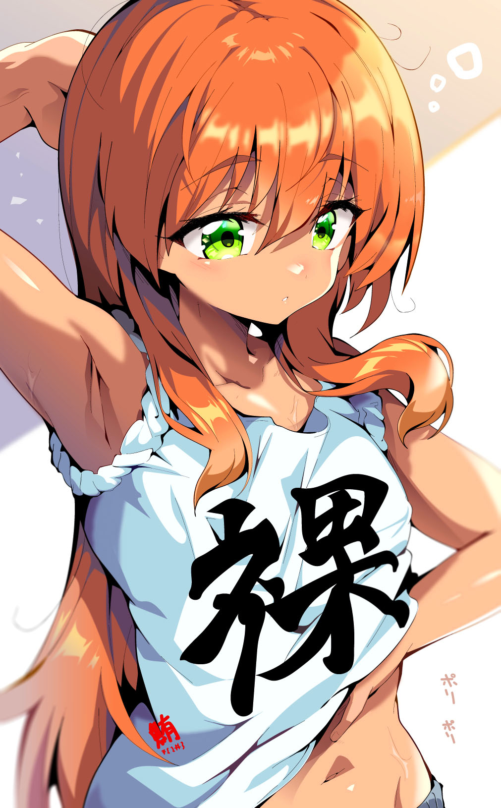 1girl akai_homura aloe_(kenkou3733) arm_behind_head armpits clothes_writing green_eyes highres long_hair navel orange_hair shirt solo tokimeki_memorial tokimeki_memorial_2 white_shirt