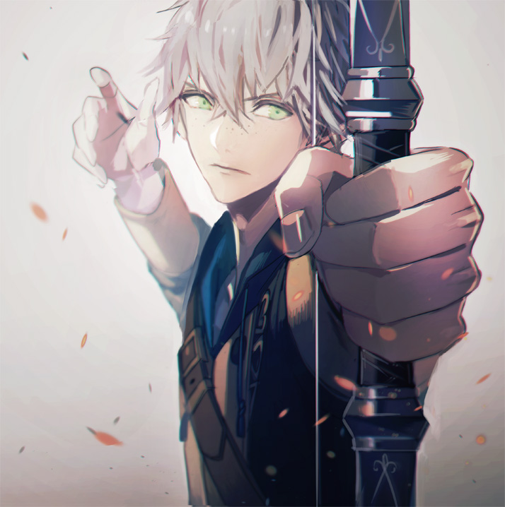 1boy arm_up ashe_ubert belt black_belt black_jacket bow_(weapon) chest_belt closed_mouth falling_leaves fingernails fire_emblem fire_emblem:_three_houses freckles garreg_mach_monastery_uniform green_eyes grey_hair hair_between_eyes holding holding_bow_(weapon) holding_weapon jacket leaf looking_to_the_side male_focus nintendo outstretched_arm school_uniform sideways_glance sleeve_cuffs solo tsukimura_noe upper_body weapon