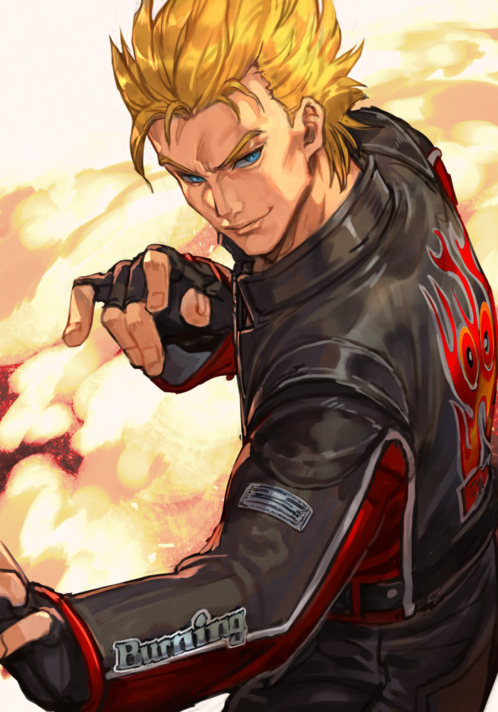 1boy black_gloves blonde_hair blue_eyes cowboy_shot fingerless_gloves fire gloves hungry_clicker jacket jacky_bryant leather leather_jacket looking_to_the_side male_focus sega solo spiked_hair virtua_fighter virtua_fighter_5 white_background