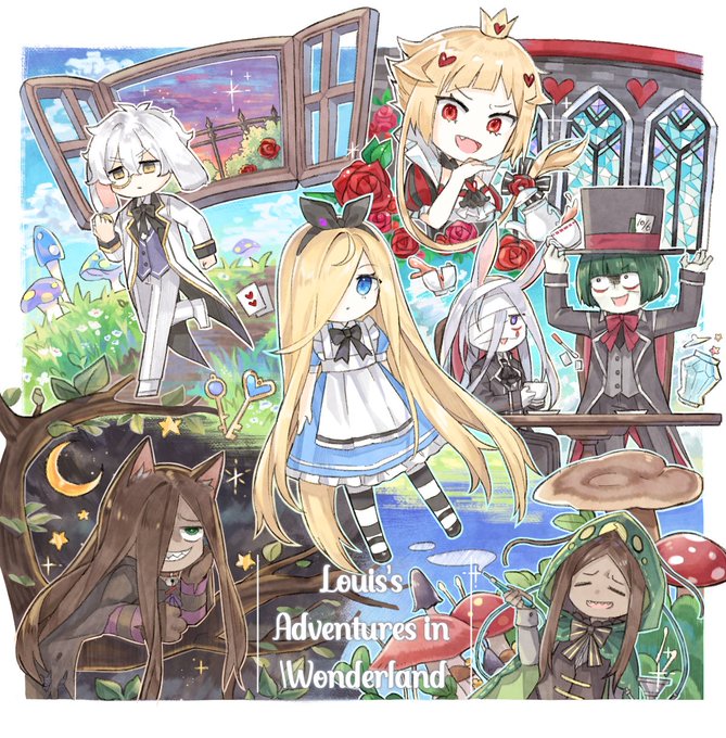alice&#039;s_adventures_in_wonderland animal_ears blonde_hair blue_dress brown_hair capella_emerada_lugnica cat_ears dress formal_clothes green_eyes hair_over_one_eye hat hood ley_battenkaitos long_hair louis_arneb multiple_boys multiple_girls petelgeuse_romaneeconti rabbit_ears re:zero_kara_hajimeru_isekai_seikatsu red_hair regulus_corneas roy_alphard sirius_(re:zero) striped suit top_hat very_long_hair white_hair yellow_eyes