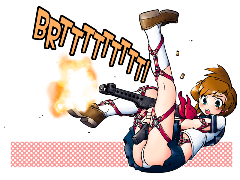 1girl blue_eyes brown_hair earrings female_focus gun hayami_rasenjin jewelry lying original panties pantyshot pps-43 school_uniform serafuku solo submachine_gun underwear upskirt weapon white_panties