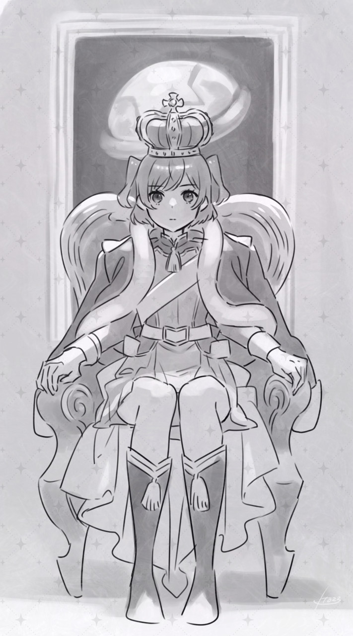 1girl :| aijou_karen arm_rest artist_name belt belt_buckle boots buckle closed_mouth crown epaulettes expressionless full_body fur-trimmed_jacket fur_trim greyscale highres indoors ito_fumi jacket jacket_on_shoulders long_sleeves looking_at_viewer miniskirt monochrome pelisse picture_frame pin pleated_skirt sash short_hair short_twintails shoujo_kageki_revue_starlight shoulder_sash signature sitting sitting_on_throne skirt solo straight-on tassel throne twintails two_side_up waist_cape watermark watermark_grid