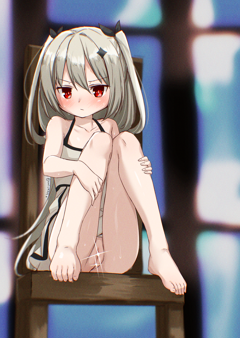 1girl abutomato bare_legs barefoot blush censored chair dress feet_on_chair grey_hair hair_between_eyes highres irina_kush knees_together_feet_apart long_hair looking_at_viewer magia_record:_mahou_shoujo_madoka_magica_gaiden mahou_shoujo_madoka_magica no_panties on_chair pussy red_eyes sitting sleeveless sleeveless_dress solo sparkle_censor sparkle_hair_ornament twitter_username two_side_up
