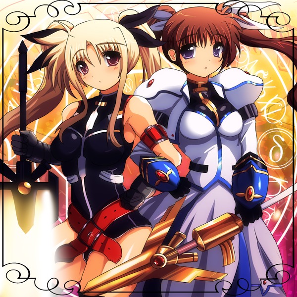 00s 2girls bad_id bad_pixiv_id bardiche_(nanoha) bardiche_(zanber_form)_(nanoha) blonde_hair blue_eyes brown_hair fate_testarossa fate_testarossa_(true_sonic_form) fukudori gloves leotard long_hair lyrical_nanoha magical_girl mahou_shoujo_lyrical_nanoha mahou_shoujo_lyrical_nanoha_strikers multiple_girls raising_heart raising_heart_(exceed_mode) red_eyes staff takamachi_nanoha takamachi_nanoha_(exceed_mode) thighhighs twintails