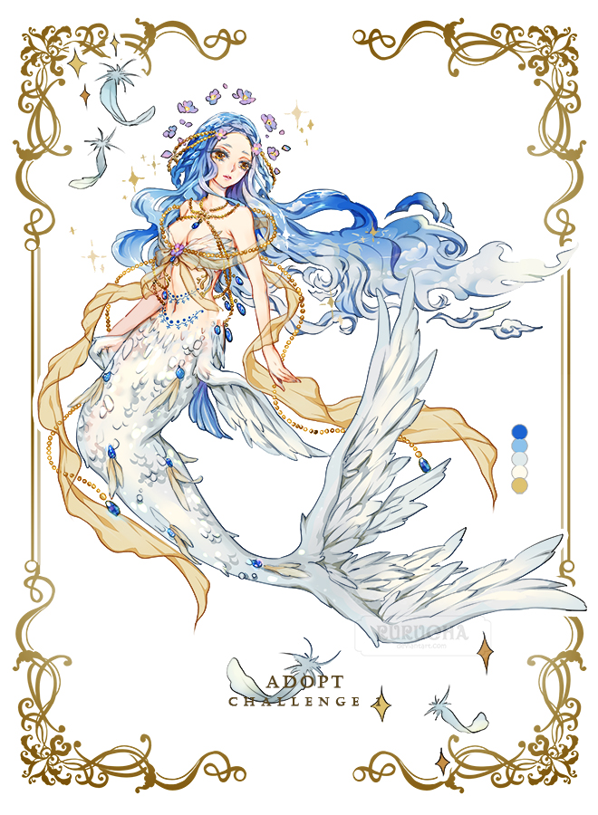 1girl adoptable artist_name bare_arms beads blue_hair border bow bowtie bra breasts cloud color_guide colored_eyelashes commentary english_commentary english_text feather_bra flower full_body gold_necklace gradient_hair hair_beads hair_ornament jewelry large_breasts long_hair mermaid monster_girl multicolored_hair necklace original ornate_border parted_lips partially_feathered_tail petals purple_flower ribbon rurucha simple_background solo sparkle strapless strapless_bra underwear very_long_hair watermark white_background white_bra white_devil white_hair white_scales yellow_bow yellow_bowtie yellow_eyes yellow_ribbon