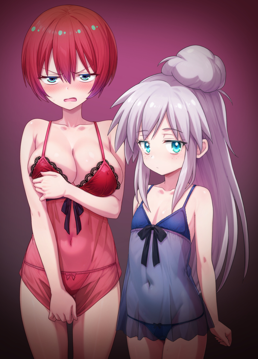 2girls amate_yuzuriha babydoll blue_babydoll blue_eyes breasts collarbone cowboy_shot deux_murasame embarrassed flat_chest freckles gundam gundam_gquuuuuux highres large_breasts long_hair looking_at_viewer multiple_girls prostitution red_babydoll red_hair ryusei2u see-through_babydoll see-through_clothes short_hair white_hair