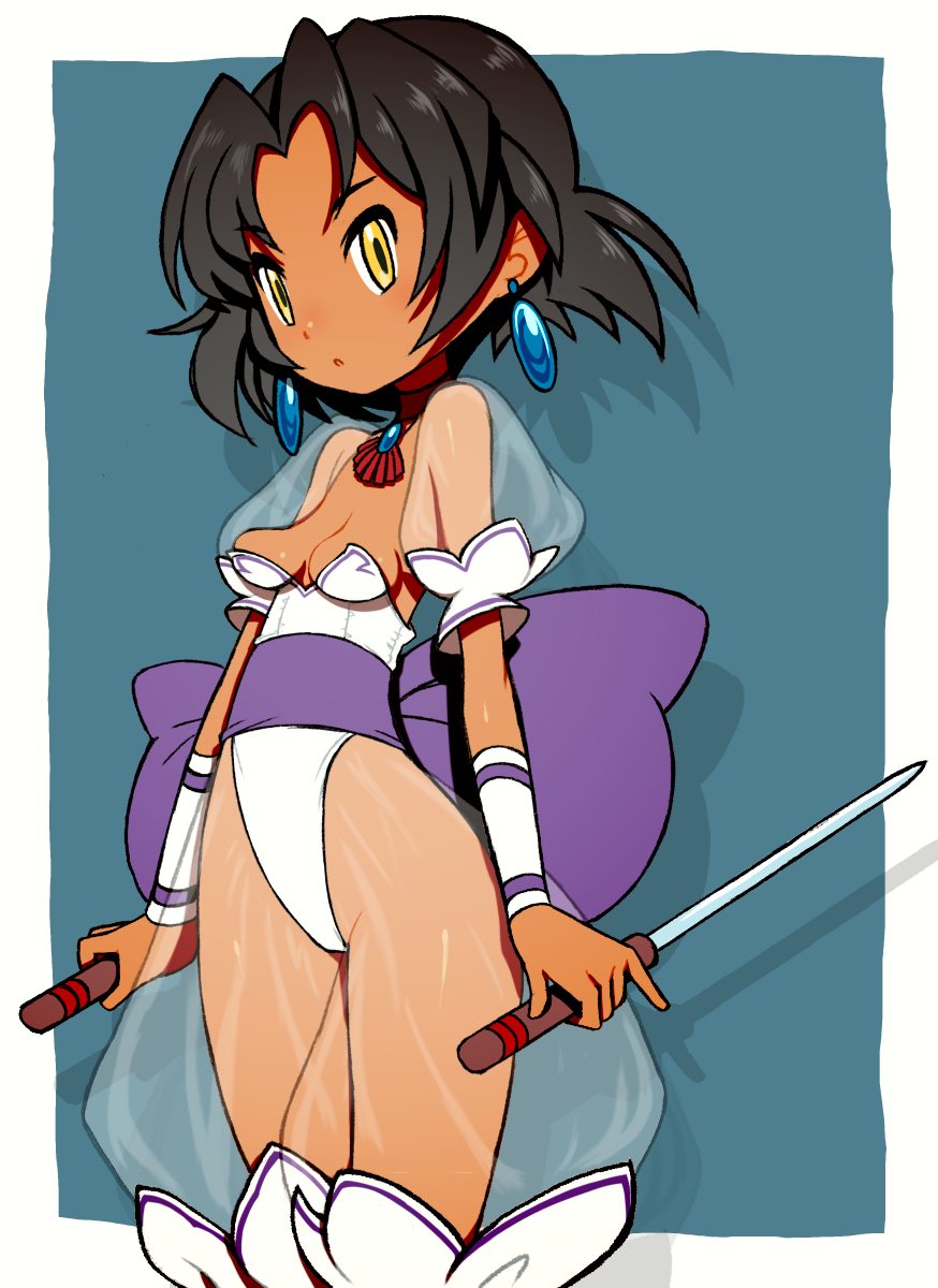 1girl alternate_color back_bow beeru_(veil8801) black_hair bow breasts choker cleavage dagger dark-skinned_female dark_skin drop_shadow dual_wielding earrings ellis_(toushinden) highleg highleg_leotard highres holding holding_dagger holding_knife holding_weapon jewelry knife legs_together leotard puffy_short_sleeves puffy_sleeves purple_bow purple_sash sash see-through_clothes see-through_sleeves short_hair short_sleeves small_breasts solo standing strapless strapless_leotard toushinden weapon white_leotard yellow_eyes