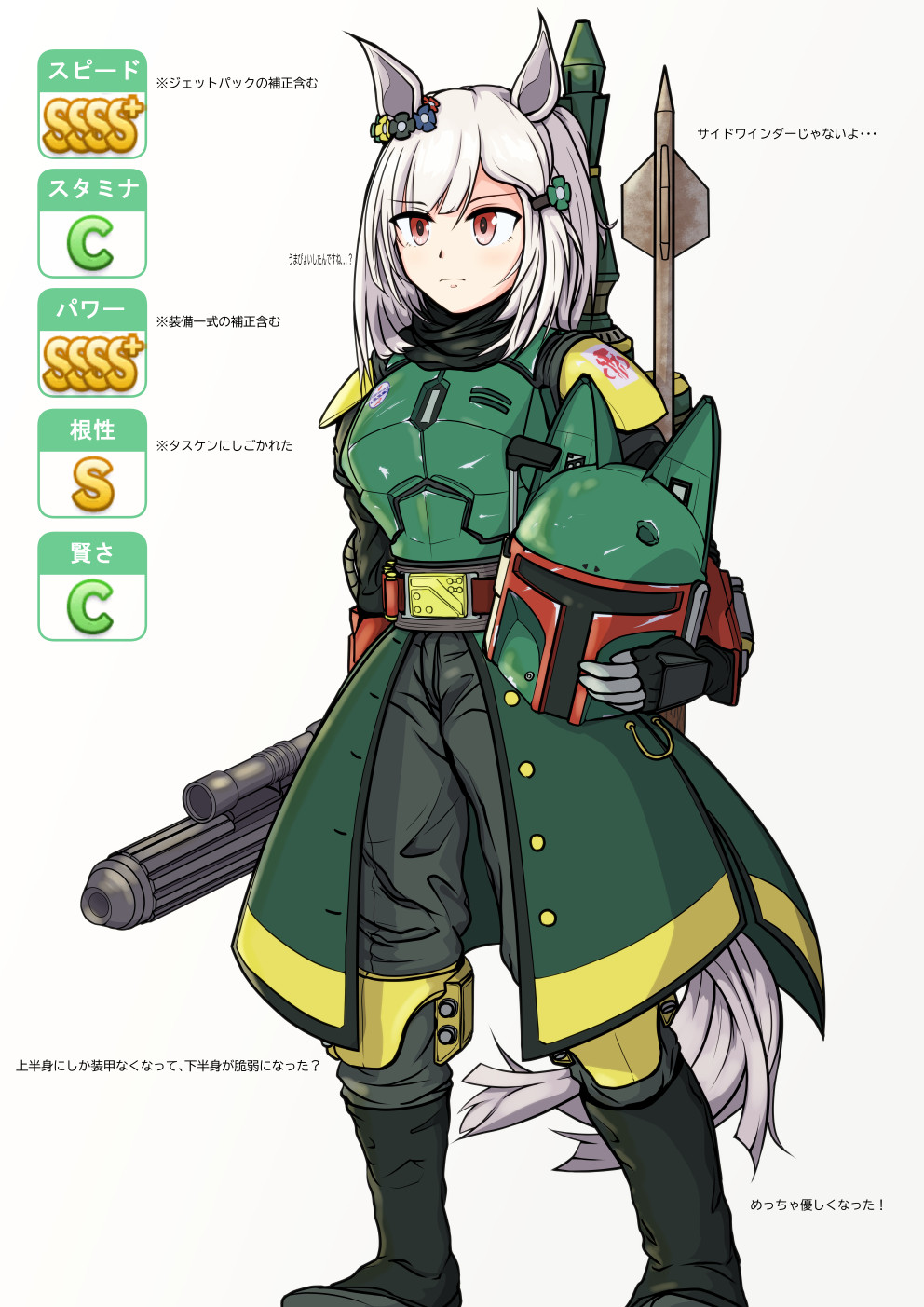 1girl animal_ears armor boba_fett boba_fett_(cosplay) cosplay ctn_sasuke ear_ornament gameplay_mechanics gun hair_ornament hairclip happy_meek_(umamusume) unworn_headwear helmet unworn_helmet highres holding holding_gun holding_weapon horse_ears horse_girl horse_tail mandalorian medium_hair missile pink_eyes simple_background solo star_wars tail umamusume weapon white_background white_hair