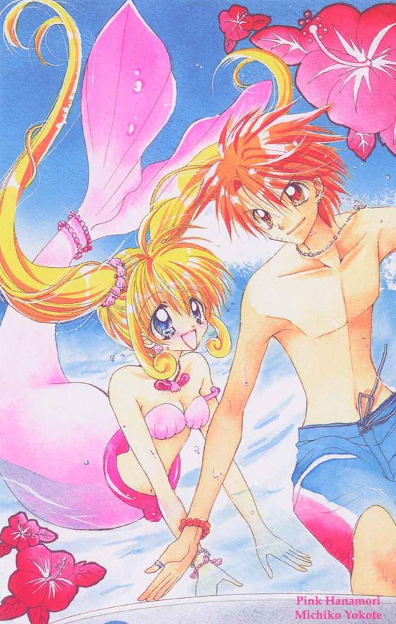 1boy 1girl artist_name beach bikini blonde_hair blue_eyes bracelet brown_eyes day doumoto_kaito flower hanamori_pink hibiscus jewelry mermaid mermaid_melody_pichi_pichi_pitch monster_girl nanami_lucia necklace non-web_source ocean open_mouth orange_hair pendant shell shell_bikini shell_hair_ornament shell_necklace smile surfboard surfing swimming twintails water waves