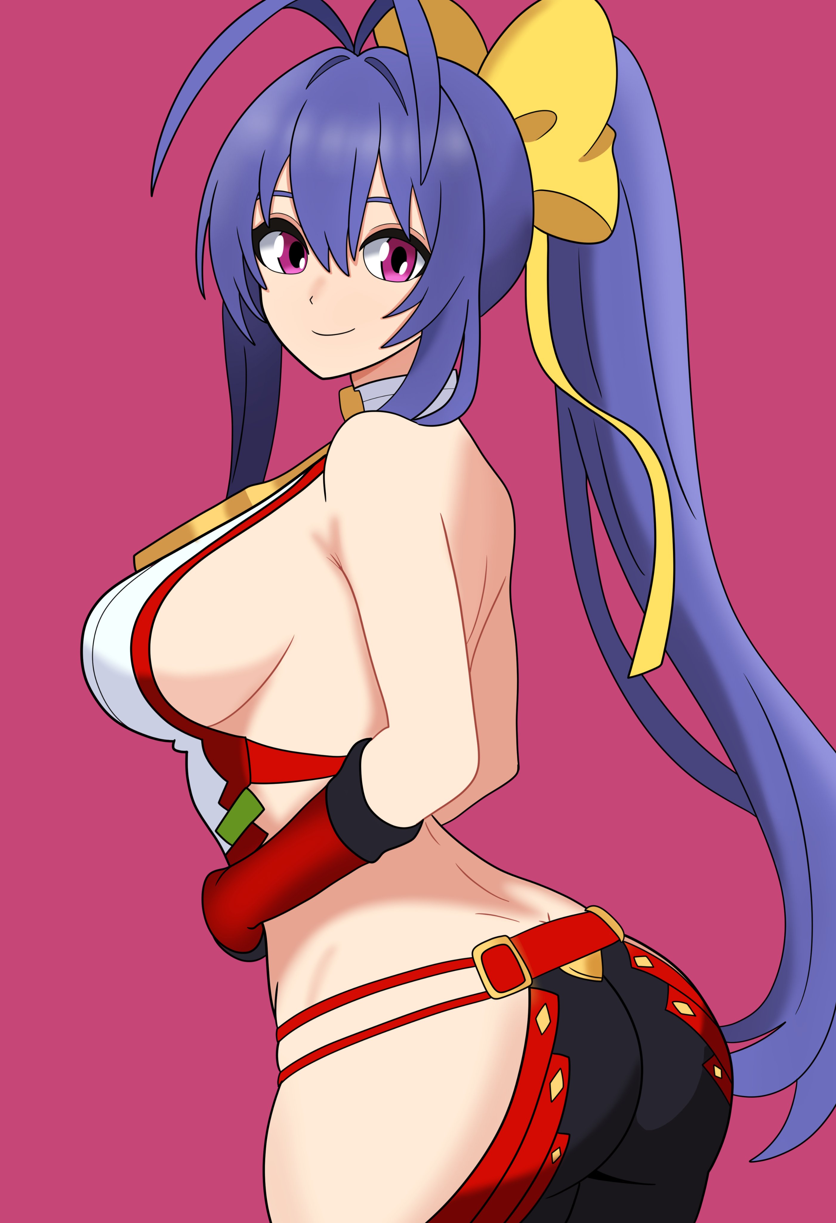 1girl absurdres antenna_hair ass backless_outfit bare_shoulders blazblue blazblue:_central_fiction blue_hair bojack198 bow breasts butt_crack fingerless_gloves gloves hair_bow hair_ribbon halterneck highres large_breasts long_hair looking_at_viewer mai_natsume pants ponytail purple_eyes revealing_clothes ribbon sideboob smile solo very_long_hair