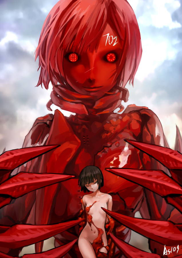 2girls alien as109 benisuzume_(gauna) black_hair black_sclera breasts claws cloud colored_sclera convenient_censoring closed_eyes gauna gauna_491 groin md5_mismatch monster monster_girl multiple_girls navel placenta_(sidonia_no_kishi) red_eyes revision short_hair sidonia_no_kishi signature size_difference sky small_breasts smile spoilers
