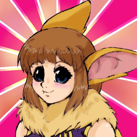 1girl animal_ears animal_hands bad_id bad_pixiv_id blue_eyes blush brown_hair chrono_cross female_focus fur janice janice_(chrono_cross) monster_girl rabbit_ears short_hair simple_background smile smile-pain solo