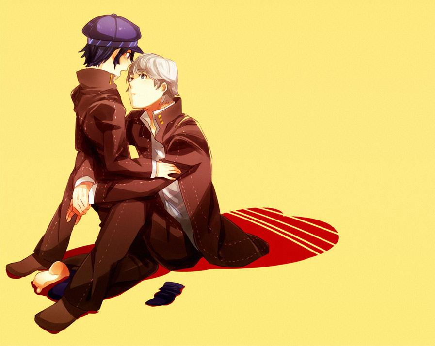 1boy 1girl androgynous atlus barefoot black_hair newsboy_cap chiko chiko_(beroro) couple eye_contact feet gakuran hat hetero kneeling looking_at_another narukami_yu persona persona_4 reverse_trap school_uniform serafuku shirogane_naoto short_hair single_sock socks soles toes tomboy