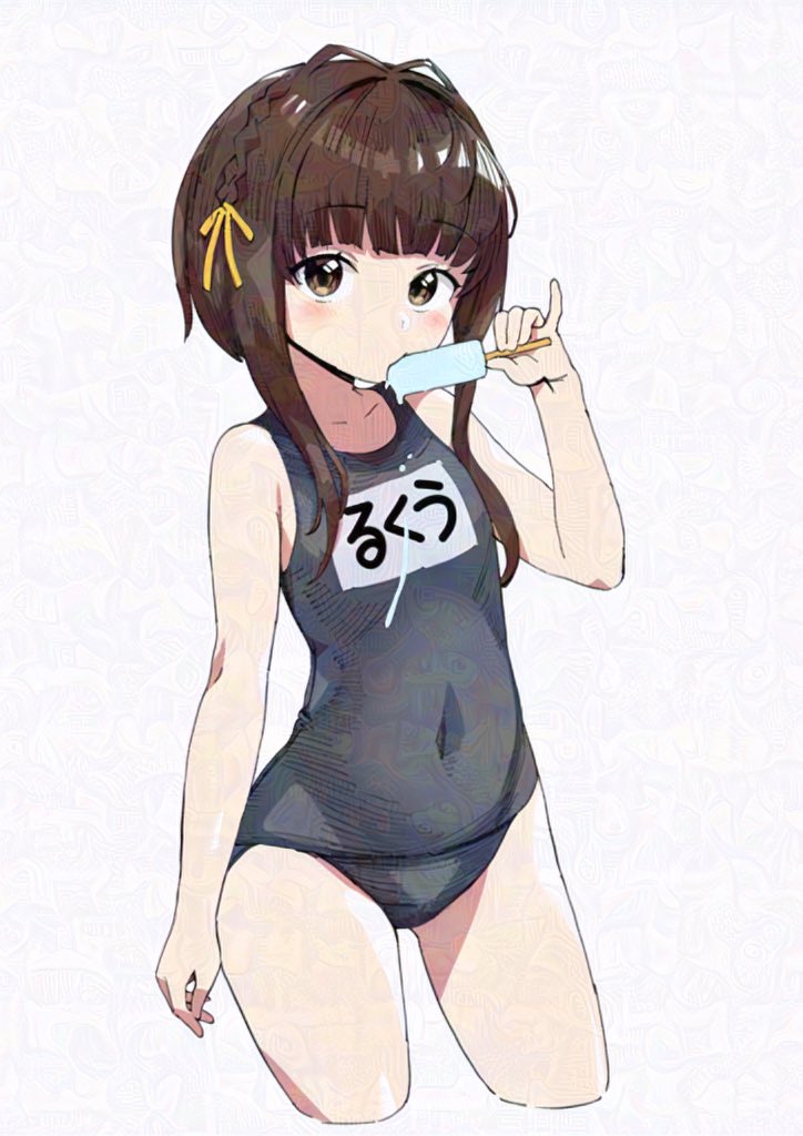 1girl alternate_costume asava_(hutaitenn) black_hair black_one-piece_swimsuit braid brown_eyes contrapposto covered_navel cropped_legs food hair_ribbon kantai_collection name_tag one-piece_swimsuit popsicle ribbon short_hair short_hair_with_long_locks simple_background single_braid solo swimsuit ukuru_(kancolle) white_background