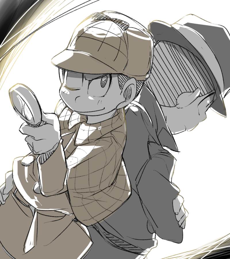 10s 2boys back-to-back backlighting bad_id bad_twitter_id black_hair brothers capelet coat crossed_arms deerstalker dutch_angle fedora hand_on_own_hip hat magnifying_glass male_focus matsuno_choromatsu matsuno_osomatsu monochrome multiple_boys one_eye_closed osomatsu-kun osomatsu-san osomatsu_(series) rian_(bdl) siblings smile trench_coat