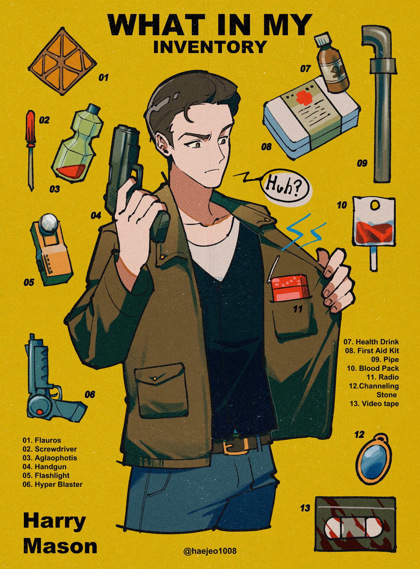 1boy artist_name black_shirt brown_hair gun haejeo1008 handgun harry_mason highres holding holding_gun holding_weapon jacket lead_pipe male_focus open_clothes open_jacket screwdriver shirt signature silent_hill_(series) silent_hill_1 twitter_username weapon