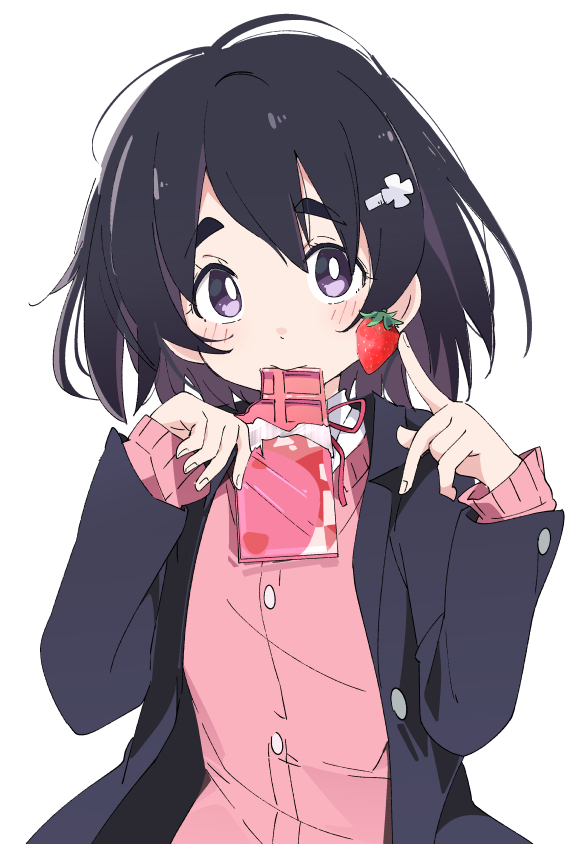 1girl black_hair blush candy cardigan chocolate chocolate_bar copyright_request female_focus food fruit ghana_(chocolate) hair_ornament hairclip ixy long_sleeves looking_at_viewer lotte_(company) momo_(pink_valentine) pink_cardigan pink_valentine purple_eyes short_hair simple_background solo strawberry thick_eyebrows white_background