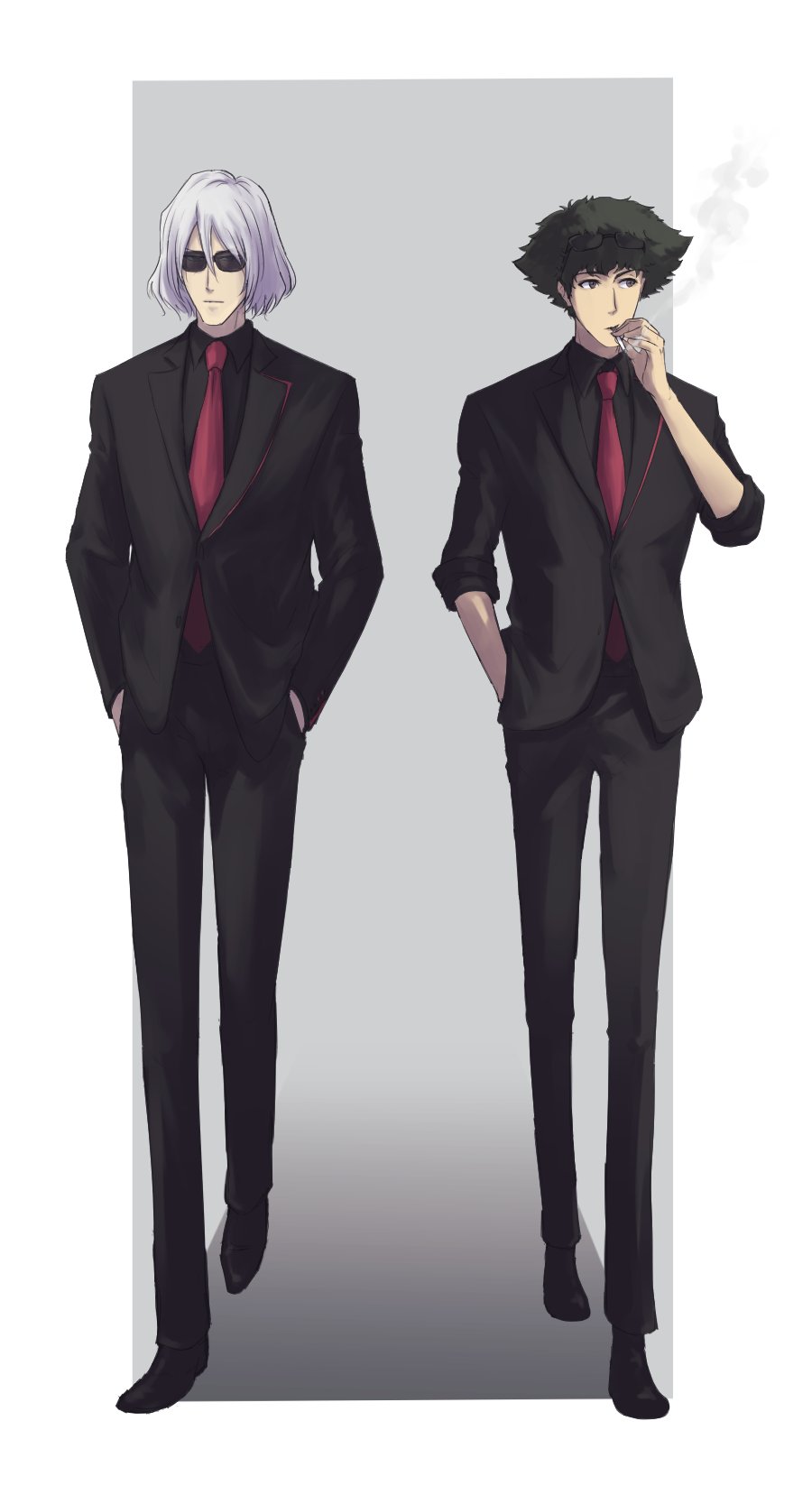2boys cigarette cowboy_bebop formal_clothes highres multiple_boys pants smoking spike_spiegel sunglasses vicious_(cowboy_bebop) white_hair