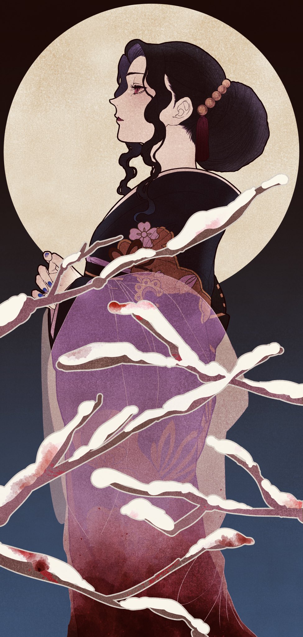 1girl black_hair black_kimono blood branch demon_girl genderswap genderswap_(mtf) hagoro_(856_kmt) hair_bun highres japanese_clothes kibutsuji_muzan kibutsuji_muzan_(female) kimetsu_no_yaiba kimono red_eyes snow solo
