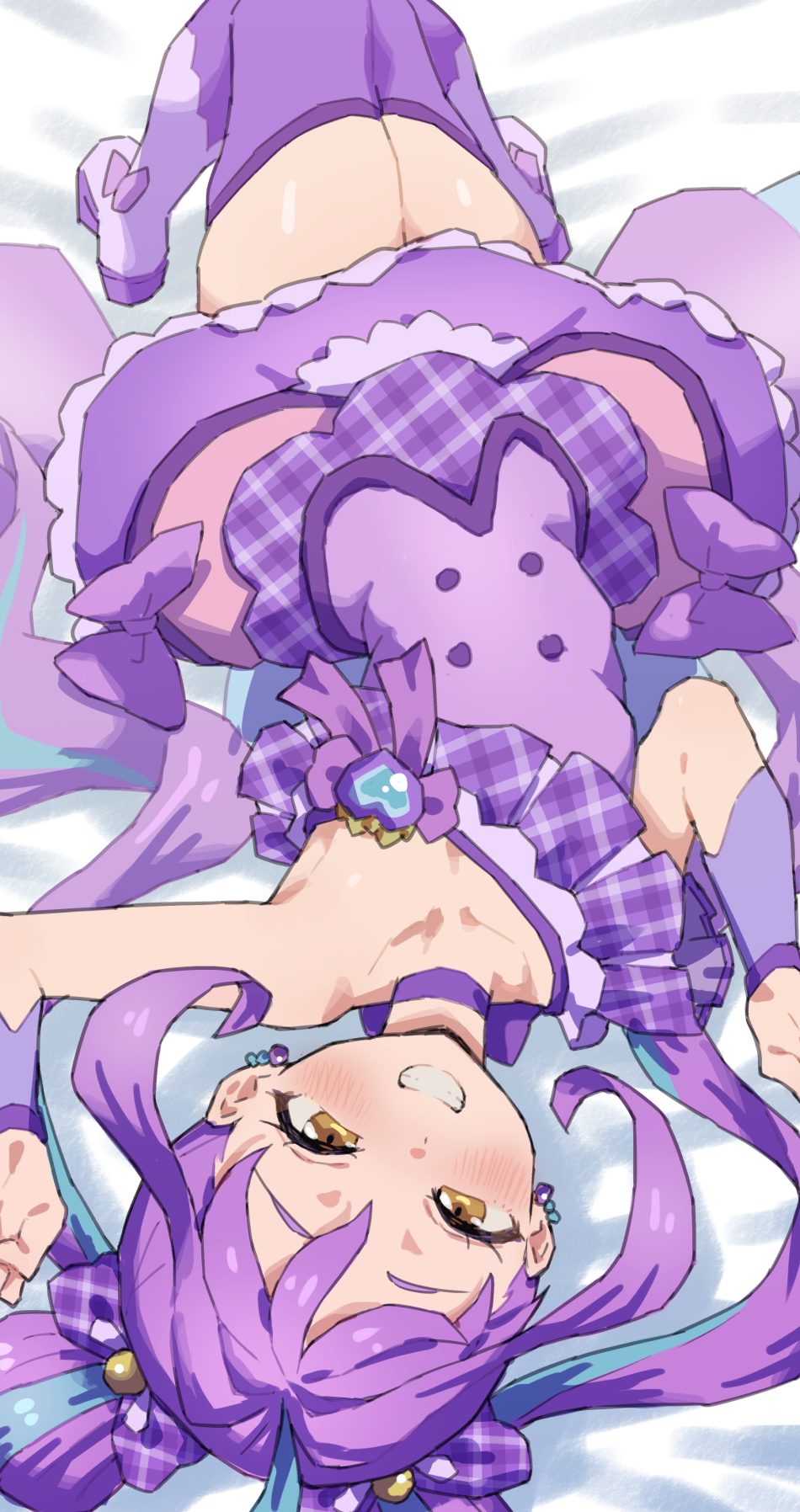 1girl ahoge bed_sheet blue_hair boots bow breasts choker collarbone commentary_request cure_kyunkyun dress dress_bow earrings grin hair_bow hands_up highres idol_heart_brooch jewelry kimi_to_idol_precure long_hair looking_at_viewer lying magical_girl mo_(boo1719501boo) multicolored_hair on_back plaid_bow precure purple_boots purple_bow purple_choker purple_dress purple_hair purple_wrist_cuffs shigure_kokoro single_bare_shoulder single_off_shoulder sleeveless sleeveless_dress small_breasts smile solo sphere_earrings streaked_hair thigh_boots twintails two-tone_hair upside-down wrist_cuffs yellow_eyes
