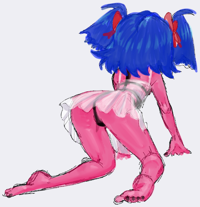 1girl 4chan all_fours barefoot blue_hair bow bury_pink_gril colored_skin drawfag dress feet from_behind hair_bow hands_on_floor pink_skin red_bow see-through_clothes see-through_dress simple_background solo thighs twintails white_background white_dress