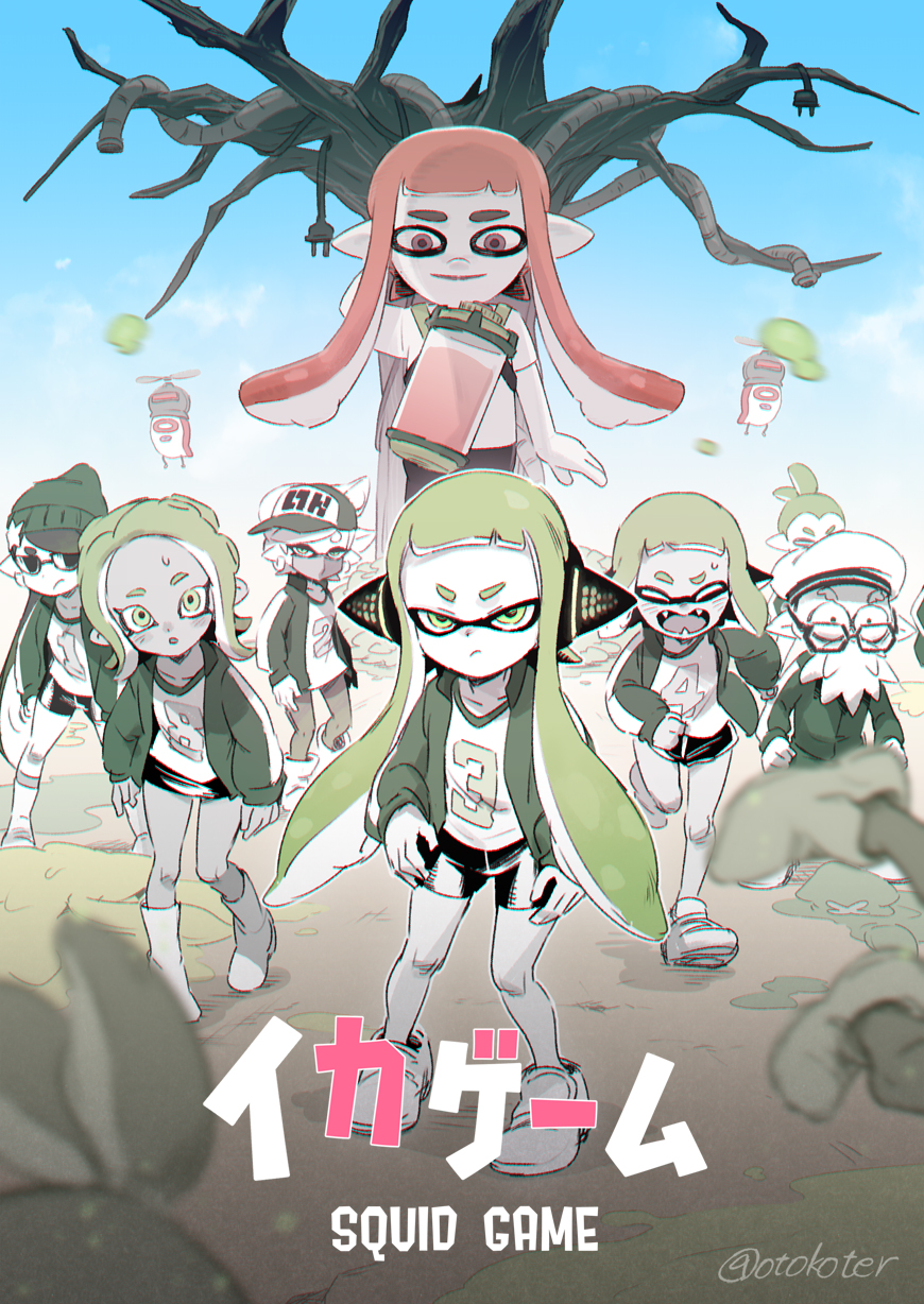 agent_3_(splatoon) agent_4_(splatoon) agent_8_(splatoon) alternate_costume callie_(agent_1_casual)_(splatoon) callie_(splatoon) cap&#039;n_cuttlefish highres ink ink_tank_(splatoon) inkling inkling_boy inkling_girl inkling_player_character looking_at_viewer marie_(agent_2_casual)_(splatoon) marie_(splatoon) mask mii_(nintendo) mouth_mask nintendo octocopter octoling octoling_girl octoling_player_character official_alternate_costume shorts splatoon_(series) squid_game sunglasses super_smash_bros. tentacle_hair ter_(otokoter)