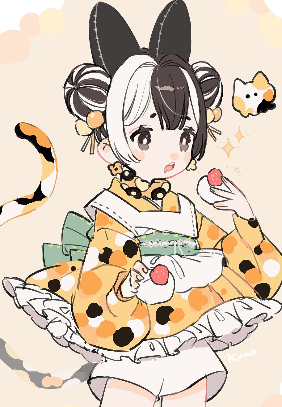 1girl apron artist_name black_hair brown_eyes double_bun food hair_bun hands_up highres holding holding_food japanese_clothes jikuno kimono long_sleeves multicolored_hair open_mouth original short_kimono shorts simple_background sketch solo tail two-tone_hair white_hair white_shorts yellow_background yellow_kimono