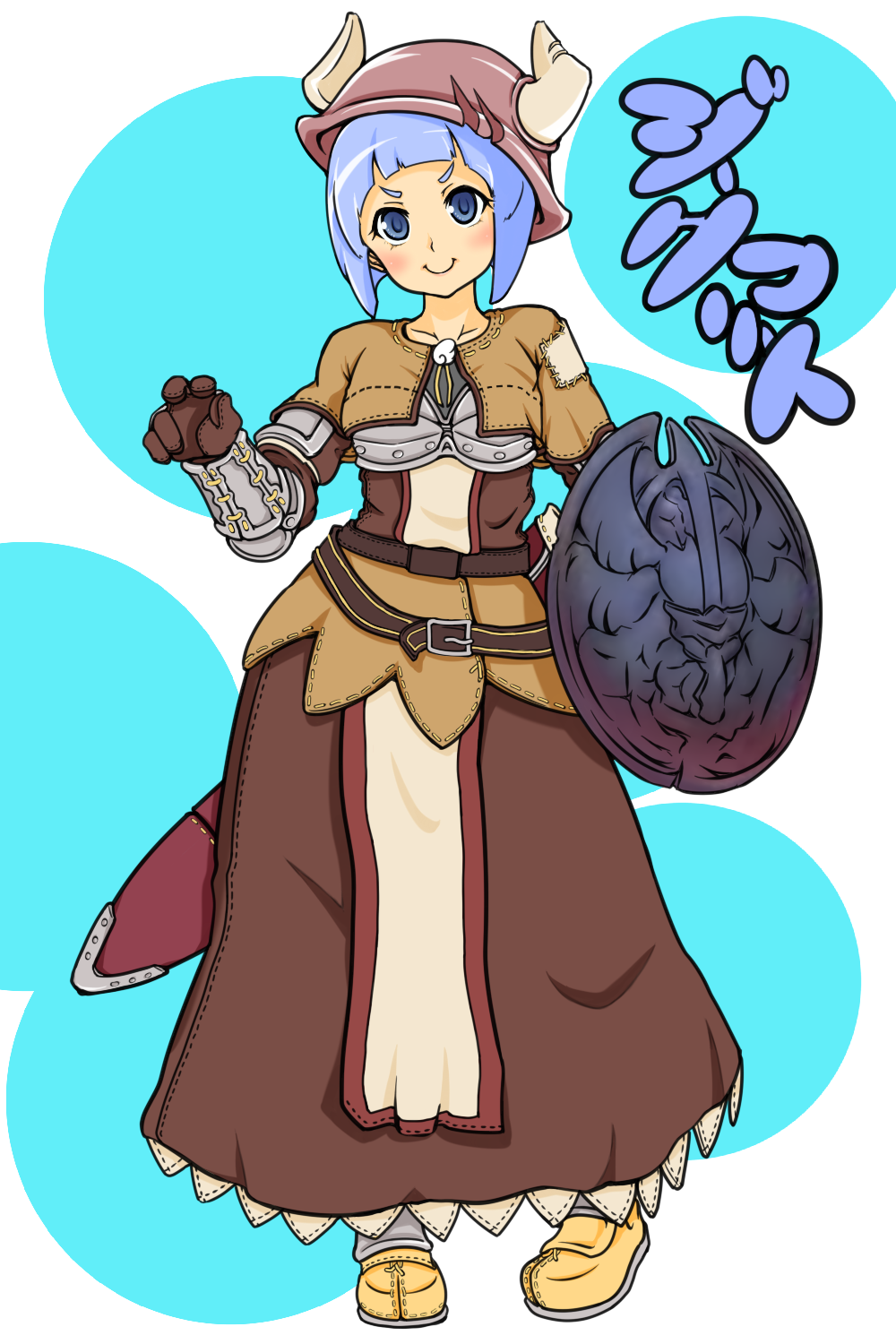 1girl arched_bangs belt blue_eyes blue_hair blunt_bangs blush brown_belt brown_capelet brown_dress brown_gloves capelet chest_guard closed_mouth commentary_request dress fake_horns full_body gloves helmet highres holding holding_shield horned_helmet horns looking_at_viewer ragnarok_iris ragnarok_online shield shoes short_hair smile solo swordsman_(ragnarok_online) translation_request v-shaped_eyebrows yellow_shoes
