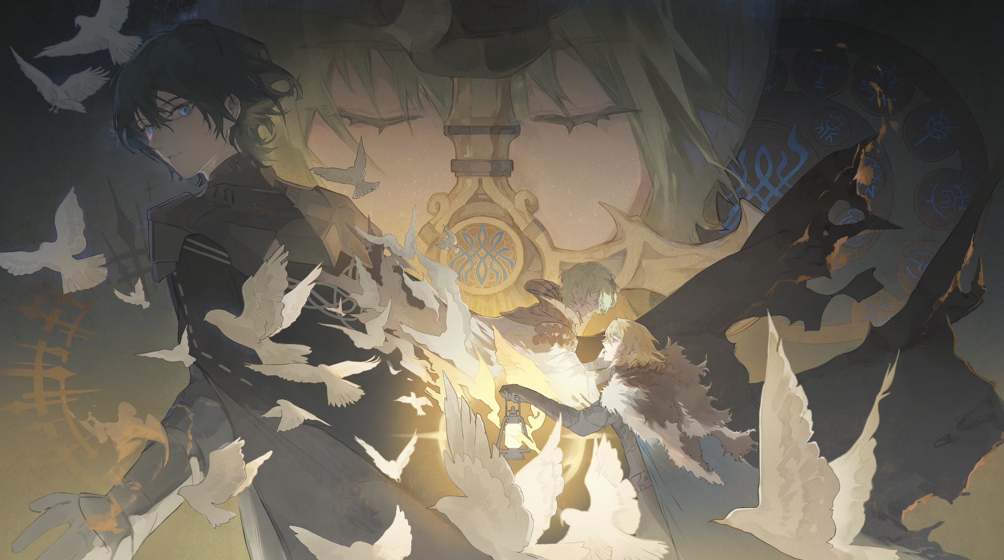 2boys animal arm_up armor bird black_cape black_fur black_gorget blonde_hair blue_cape blue_eyes male_byleth_(enlightened)_(fire_emblem) male_byleth_(fire_emblem) cape chinese_commentary closed_eyes commentary commentary_request crest dimitri_alexandre_blaiddyd eyelashes fire_emblem fire_emblem:_three_houses fur_trim gorget gradient_background green_hair hair_behind_ear hair_between_eyes highres holding holding_lantern lantern looking_to_the_side male_focus mixed-language_commentary multiple_boys nintendo ornate_weapon parted_lips sword sword_of_the_creator torn_cape torn_clothes tripleefish weapon white_fur