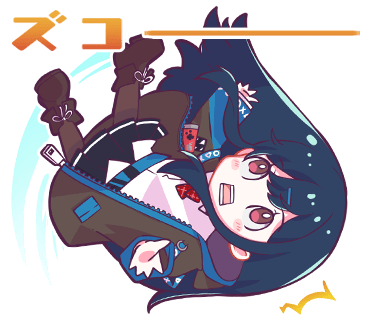 1girl black_coat black_pantyhose black_shoes black_skirt blue_hair bow bright_pupils chibi coat collared_shirt denonbu falling full_body long_hair long_sleeves lowres nonkomu_(furiten5553) official_art open_mouth outline pantyhose pleated_skirt red_bow red_eyes shinonome_kazune shirt shoes skirt solo surprised translated transparent_background white_outline white_pupils white_shirt